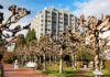 Congress Turns Spotlight On Foreign University Funding Pruned plane trees line a brick walkway with a modern apartment building behind