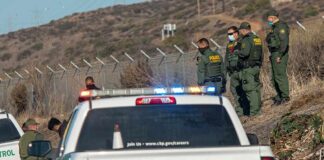 Border Patrol agents gather near fence with patrol trucks