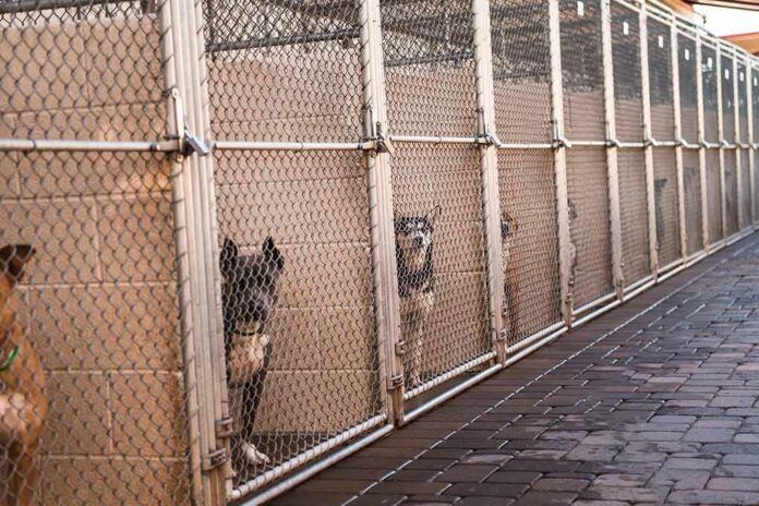 Dogs in chain-link kennels along a walkway