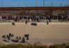 Crowd of people gathered along a tall border fence
