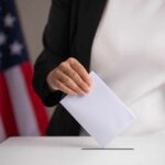 Person casting a ballot into a voting box