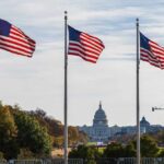 Three American flags waving in front of the Capitol building