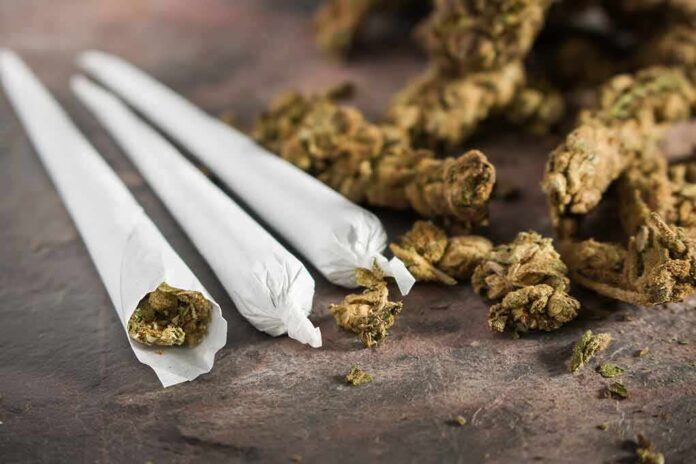 shutterstock_1047100399 Three cannabis joints beside loose marijuana buds