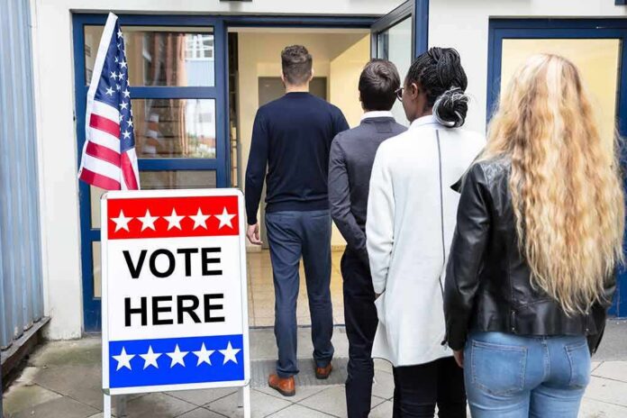 Voters standing in line at a polling place entrance