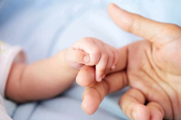 baby hand holding adult finger
