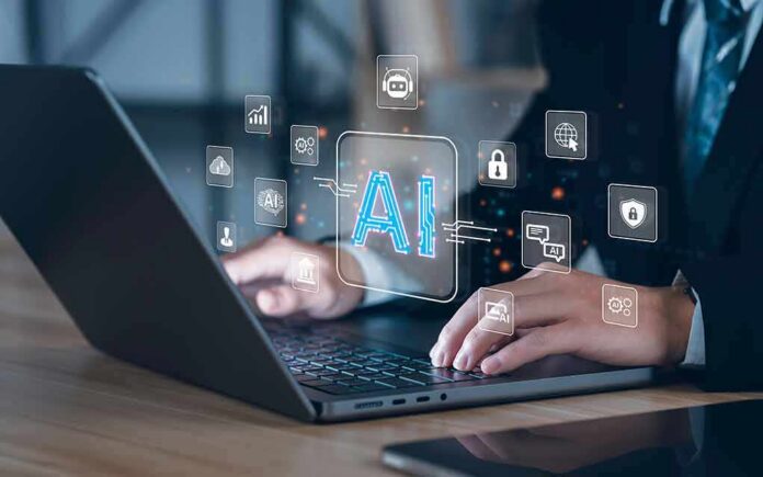 Hands typing on laptop with AI and tech icons overlay