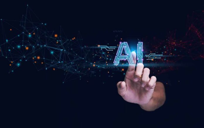 Hand touching glowing AI text with digital network nodes