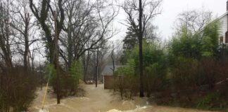 Flooded residential street with fast-moving muddy water