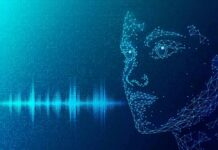 Digital wireframe face with audio waveform