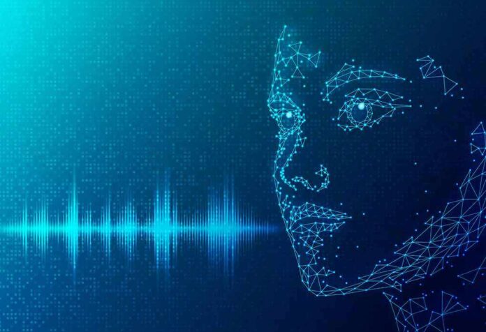 Digital wireframe face with audio waveform