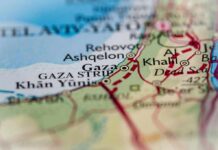 Close-up of a map showing Gaza and surrounding areas