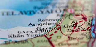 Close-up of a map showing Gaza and surrounding areas