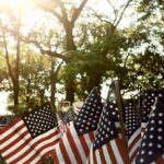 American flags displayed outdoors at a memorial