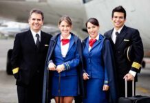 Airline crew standing together on the tarmac