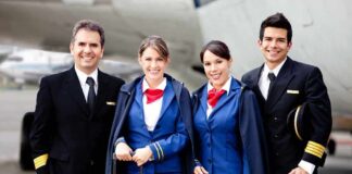 Airline crew standing together on the tarmac