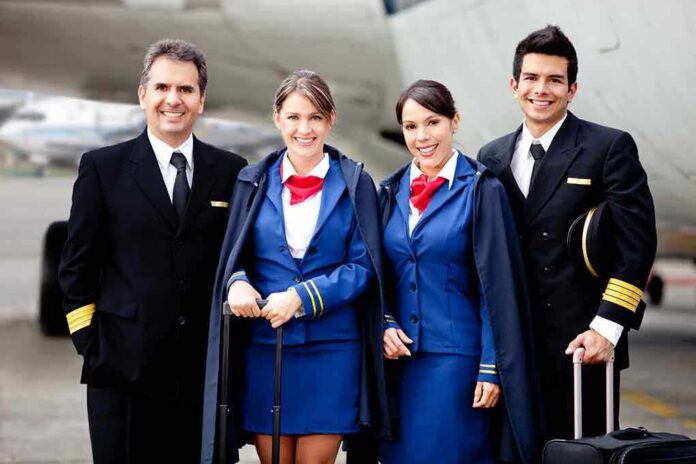 Airline crew standing together on the tarmac