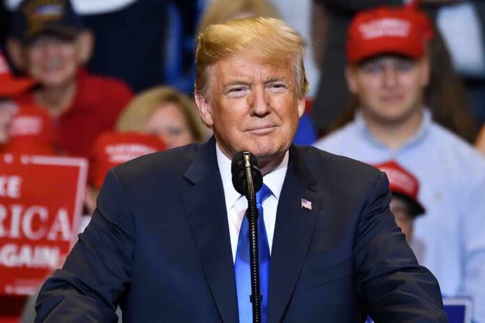 Donald Trump speaking at a rally podium