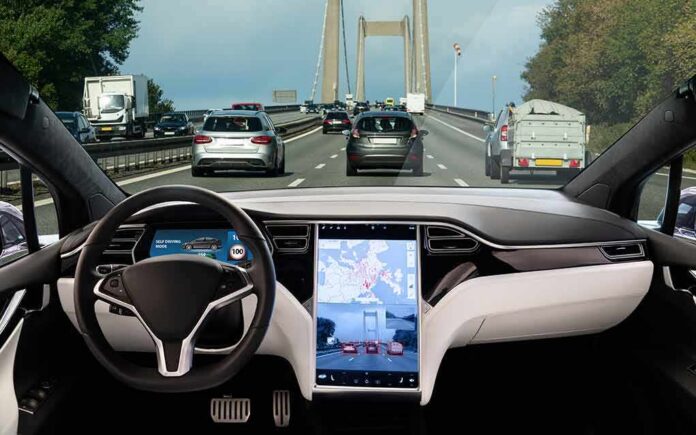 Self-driving car interior on a busy bridge highway