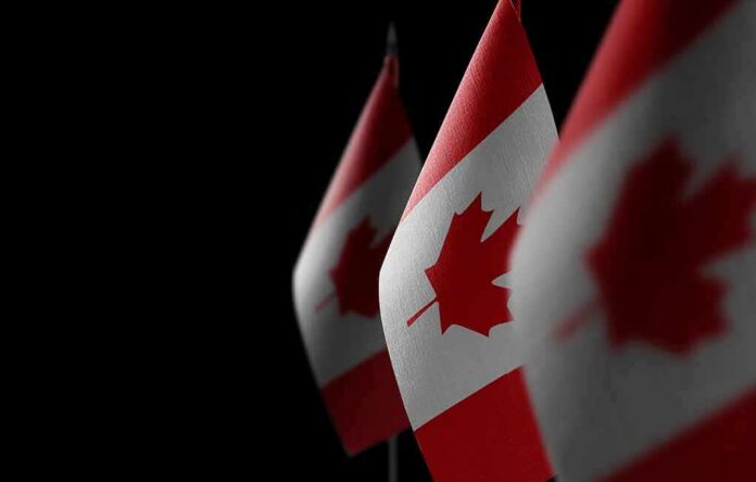 Canadian flags with maple leaf on dark background