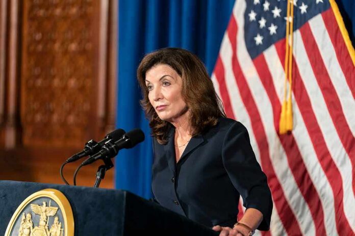 shutterstock_2023461065 Kathy Hochul speaking at a podium with microphones and a U.S. flag behind her