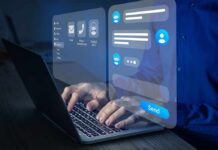 Hands typing on laptop with chatbot interface overlay