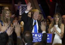 Donald Trump speaks at a rally with Ivanka Trump and Melania Trump on stage; Karlie Kloss in the crowd