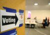 Calm Plea Amid Razor-Thin Showdown Voting sign on door leading to polling place