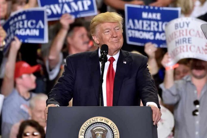 Donald Trump speaking at a rally podium with crowd holding signs behind him