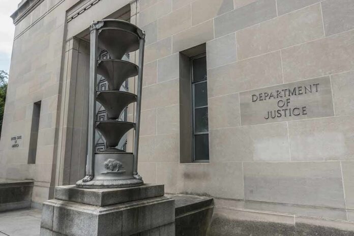 Department of Justice building exterior with sculptural fountain